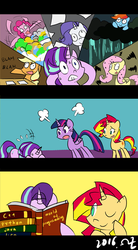 Size: 495x900 | Tagged: safe, artist:rvceric, applejack, fluttershy, pinkie pie, rainbow dash, rarity, starlight glimmer, sunset shimmer, twilight sparkle, alicorn, pony, every little thing she does, g4, angry, book, c++, comic, derp, fiducia compellia, java (language), lisp (language), mane six, mind control, programmer starlight, programming, python (language), twilight sparkle (alicorn)
