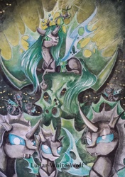 Size: 1901x2705 | Tagged: safe, artist:lunar-white-wolf, queen chrysalis, changeling, changeling queen, g4, to where and back again, female, hive, swarm, traditional art