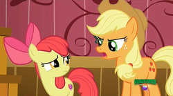 Size: 1277x709 | Tagged: safe, screencap, apple bloom, applejack, g4, where the apple lies, cutie mark, discovery family logo, the cmc's cutie marks