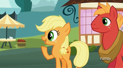 Size: 1273x709 | Tagged: safe, screencap, applejack, big macintosh, earth pony, pony, g4, where the apple lies, discovery family logo, male, stallion, teenage applejack, teenage big macintosh