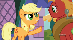 Size: 1275x707 | Tagged: safe, screencap, applejack, big macintosh, earth pony, pony, g4, my little pony: friendship is magic, where the apple lies, discovery family logo, male, stallion, teenage applejack, teenage big macintosh