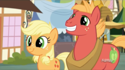 Size: 912x512 | Tagged: safe, screencap, applejack, big macintosh, earth pony, pony, g4, where the apple lies, discovery family logo, male, smiling, stallion, teenage applejack, teenage big macintosh