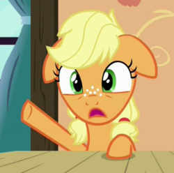 Size: 540x536 | Tagged: safe, screencap, applejack, earth pony, pony, g4, where the apple lies, female, floppy ears, solo, teenage applejack