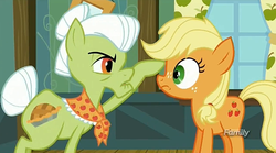 Size: 1275x707 | Tagged: safe, screencap, applejack, granny smith, earth pony, pony, g4, where the apple lies, discovery family logo, teenage applejack