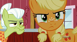 Size: 1275x705 | Tagged: safe, screencap, applejack, granny smith, earth pony, pony, g4, where the apple lies, discovery family logo, double mane, teenage applejack