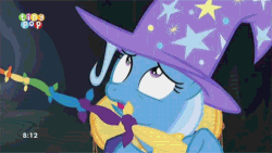 Size: 500x281 | Tagged: safe, edit, edited screencap, screencap, trixie, changeling, pony, unicorn, g4, season 6, to where and back again, animated, bipedal, dark souls, female, gif, glowing eyes, heroic sacrifice, mare, tiny pop, you died, you know for kids