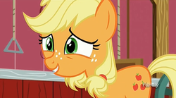 Size: 1273x707 | Tagged: safe, screencap, applejack, earth pony, pony, g4, where the apple lies, discovery family logo, female, solo, teenage applejack