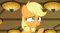 Size: 1271x703 | Tagged: safe, screencap, applejack, earth pony, pony, g4, my little pony: friendship is magic, where the apple lies, discovery family logo, female, solo, teenage applejack