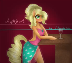 Size: 477x418 | Tagged: dead source, safe, artist:liliumena, applejack, earth pony, semi-anthro, g4, alcohol, applejewel, arm hooves, bipedal, bipedal leaning, female, leaning, solo