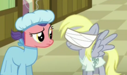 Size: 452x269 | Tagged: safe, screencap, derpy hooves, soft scrubs, earth pony, pegasus, pony, g4, where the apple lies, bandage, cropped, female, frown, hospital gown, mare, raised eyebrow, smiling, spread wings, teenage derpy hooves, wings, worried, younger