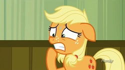 Size: 1277x709 | Tagged: safe, screencap, applejack, earth pony, pony, g4, where the apple lies, discovery family logo, female, solo, sweat, teenage applejack