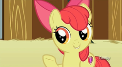 Size: 1277x709 | Tagged: safe, screencap, apple bloom, earth pony, pony, g4, where the apple lies, adorabloom, bow, cute, cutie mark, discovery family logo, female, filly, hair bow, raised hoof, smiling, solo, the cmc's cutie marks