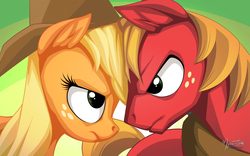 Size: 2560x1600 | Tagged: safe, artist:mysticalpha, applejack, big macintosh, earth pony, pony, g4, where the apple lies, duo, female, looking at each other, male, mare, stallion
