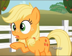 Size: 1382x1080 | Tagged: safe, screencap, applejack, earth pony, pony, g4, where the apple lies, cute, discovery family logo, female, jackabetes, open mouth, raised hoof, solo, teenage applejack, teenager, tongue out, younger