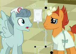 Size: 721x517 | Tagged: safe, screencap, doctor high fever, falling star (g4), pegasus, pony, unicorn, g4, where the apple lies, bandage, bandaged horn, broken horn, dilated pupils, frown, horn, injured, open mouth, pouting, sad, shaved, spread wings, wide eyes