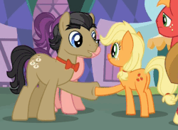 Size: 575x420 | Tagged: safe, screencap, applejack, big macintosh, filthy rich, spoiled rich, earth pony, pony, g4, where the apple lies, animated, butt, dollar sign, female, gif, hoofshake, loop, male, mare, plot, ship:spoilthy, stallion, teenage applejack, teenage big macintosh, teenager, younger