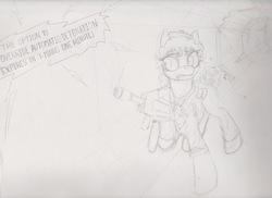 Size: 2338x1701 | Tagged: safe, artist:scribblepwn3, alien, cat, earth pony, pony, crossover, ellen ripley, flamethrower, monochrome, nostromo, pencil drawing, ponified, repleypony, science fiction, sketch, speech bubble, traditional art, weapon, wip