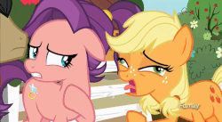 Size: 848x465 | Tagged: safe, screencap, applejack, spoiled rich, earth pony, pony, g4, where the apple lies, animated, cough, derp, discovery family logo, female, gif, loop, ship:spoilthy, silly, silly pony, spoiled milk, teenage applejack, who's a silly pony