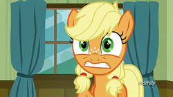 Size: 1277x715 | Tagged: safe, screencap, applejack, earth pony, pony, g4, where the apple lies, discovery family logo, double mane, female, solo, teenage applejack