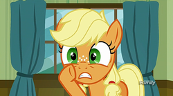 Size: 1275x709 | Tagged: safe, screencap, applejack, earth pony, pony, g4, where the apple lies, discovery family logo, female, solo, teenage applejack