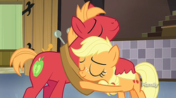 Size: 1273x707 | Tagged: safe, screencap, applejack, big macintosh, earth pony, pony, g4, my little pony: friendship is magic, where the apple lies, discovery family logo, hug, male, stallion, teenage applejack, teenage big macintosh