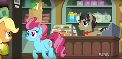 Size: 1360x656 | Tagged: safe, screencap, applejack, cup cake, filthy rich, earth pony, pony, g4, where the apple lies, bowtie, discovery family, discovery family logo, hair hold, logo, missing accessory, paper bag, prehensile mane, teenage applejack