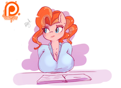Size: 1425x1036 | Tagged: safe, artist:dragk, peachy plume, anthro, g4, where the apple lies, background pony, big breasts, breasts, busty peachy plume, chest fluff, cleavage, ear fluff, female, patreon, patreon logo, peachy boobs, receptionist, solo