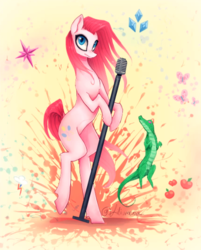 Size: 429x533 | Tagged: dead source, safe, artist:liliumena, gummy, pinkie pie, g4, duo, female, male, microphone, pinkamena diane pie