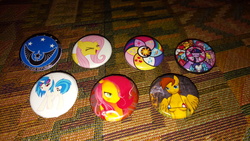 Size: 4096x2304 | Tagged: safe, applejack, dj pon-3, fluttershy, pinkie pie, rainbow dash, rarity, twilight sparkle, vinyl scratch, oc, oc:marianne brioche, g4, badge, mane six, new lunar republic