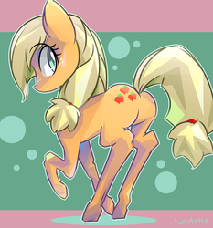 Size: 1200x1287 | Tagged: safe, artist:tyuubatu, applejack, earth pony, pony, g4, where the apple lies, abstract background, applebutt, butt, colored pupils, cute, female, jackabetes, looking back, mare, plot, raised hoof, solo, teenage applejack
