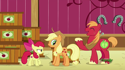 Size: 1279x715 | Tagged: safe, screencap, apple bloom, applejack, big macintosh, earth pony, pony, g4, where the apple lies, cutie mark, discovery family logo, female, filly, male, scrunchy face, stallion, the cmc's cutie marks