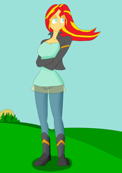 Size: 2893x4092 | Tagged: safe, artist:maksimumindustries, sunset shimmer, equestria girls, g4, boots, breasts, clothes, crossed arms, female, grass field, high res, leather jacket, lidded eyes, pants, sad, solo, tree