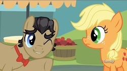 Size: 1279x719 | Tagged: safe, screencap, applejack, filthy rich, earth pony, pony, g4, where the apple lies, discovery family logo, female, male, one eye closed, teenage applejack, wink, younger