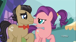 Size: 1283x717 | Tagged: safe, screencap, filthy rich, spoiled rich, earth pony, pony, g4, where the apple lies, boop, cute, discovery family logo, dollar sign, eye contact, frown, glare, male, nose wrinkle, noseboop, open mouth, ship:spoilthy, smiling, spoiled milk, stallion, younger