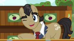 Size: 842x472 | Tagged: safe, screencap, filthy rich, earth pony, pony, g4, where the apple lies, dollar sign, male, one eye closed, solo, stallion, wink