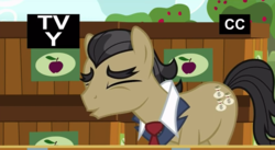 Size: 844x464 | Tagged: safe, screencap, filthy rich, earth pony, pony, g4, where the apple lies, crate, cute, dollar sign, eyes closed, male, solo, stallion, tv-y