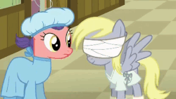 Size: 532x301 | Tagged: safe, screencap, applejack, derpy hooves, soft scrubs, pegasus, pony, g4, where the apple lies, animated, bandage, clothes, female, gif, hospital, hospital gown, mare, scrubs (gear), teenage applejack, teenage derpy hooves