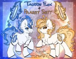 Size: 2011x1565 | Tagged: safe, artist:php166, oc, oc only, oc:polarity shift, oc:tachyon flux, android, pony, robot, unicorn, cutie mark, female, horn, male, mare, reference sheet, siblings, stallion, text