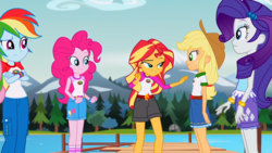 Size: 1364x768 | Tagged: safe, screencap, applejack, fluttershy, pinkie pie, rainbow dash, sunset shimmer, equestria girls, g4, my little pony equestria girls: legend of everfree, embrace the magic, female, lidded eyes, out of context