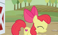 Size: 515x315 | Tagged: safe, screencap, apple bloom, earth pony, pony, g4, season 6, where the apple lies, animated, cutie mark, discovery family logo, female, filly, foal, gif, jumping, solo, the cmc's cutie marks, wide eyes
