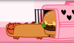 Size: 1612x931 | Tagged: safe, artist:mixermike622, g4, burger, food, hamburger, hot dog, meat, my little foody, sausage
