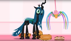 Size: 1608x935 | Tagged: safe, artist:mixermike622, queen chrysalis, changeling, changeling queen, g4, bologna sandwich, burger, female, food, hamburger, hot dog, ice cream spider, meat, my little foody, sausage, what has science done