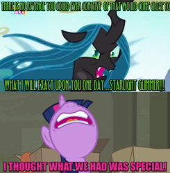 Size: 805x822 | Tagged: safe, edit, edited screencap, screencap, queen chrysalis, twilight sparkle, alicorn, changeling, changeling queen, pony, g4, the saddle row review, to where and back again, dumped (spongebob squarepants), female, heartbreak, image macro, meme, spongebob squarepants, twilight sparkle (alicorn)