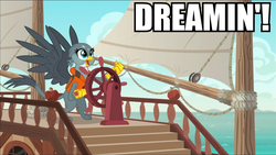 Size: 959x541 | Tagged: safe, edit, edited screencap, screencap, gabby, griffon, g4, the fault in our cutie marks, 4kids, 4kids one piece, boat, caption, female, gabby's shanty, impact font, lifejacket, meme, ocean, one piece, solo