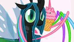 Size: 854x480 | Tagged: safe, artist:mixermike622, queen chrysalis, spider, g4, animated, brushie, brushing, context is for the weak, female, fluffle puff tales, food, food spider, gif, hail hydra, hairbrush, ice cream, ice cream spider, my little foody, not salmon, species swap, thousand yard stare, wat, youtube link