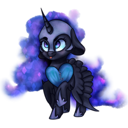 Size: 2362x2362 | Tagged: dead source, safe, artist:petrinox, nightmare moon, g4, :p, blushing, cute, female, filly, floppy ears, fluffy, heart, high res, looking up, moonabetes, nicemare moon, nightmare mlem, nightmare woon, pillow, raised hoof, simple background, smiling, solo, spread wings, tongue out, transparent background, younger