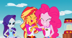 Size: 1358x723 | Tagged: safe, screencap, pinkie pie, rarity, sunset shimmer, equestria girls, g4, my little pony equestria girls: legend of everfree, embrace the magic, lamp, laughing