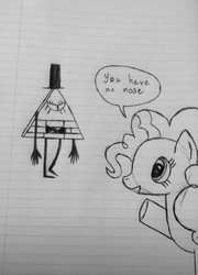Size: 1861x2591 | Tagged: safe, artist:djbroniii, pinkie pie, g4, bill cipher, crossover, duo, gravity falls, grayscale, lined paper, male, monochrome, text, this will end in tears, traditional art