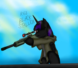 Size: 3200x2784 | Tagged: safe, artist:black stallion, oc, oc only, oc:black stallion, alicorn, pony, unicorn, alicorn oc, base used, female, gun, high res, hooves, horn, male, one eye closed, optical sight, r63 paradox, rifle, sniper, sniper rifle, solo, stallion, text, weapon