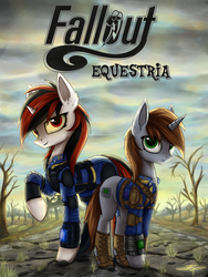 Size: 2000x2666 | Tagged: safe, artist:setharu, oc, oc only, oc:blackjack, oc:littlepip, pony, unicorn, fallout equestria, fallout equestria: project horizons, avatar, clothes, day, dead tree, detailed, ear fluff, fanfic, fanfic art, female, fluffy, high res, hooves, horn, jumpsuit, looking at you, mare, neck fluff, pipbuck, small horn, smiling, text, tree, uniform, vault security armor, vault suit, wasteland